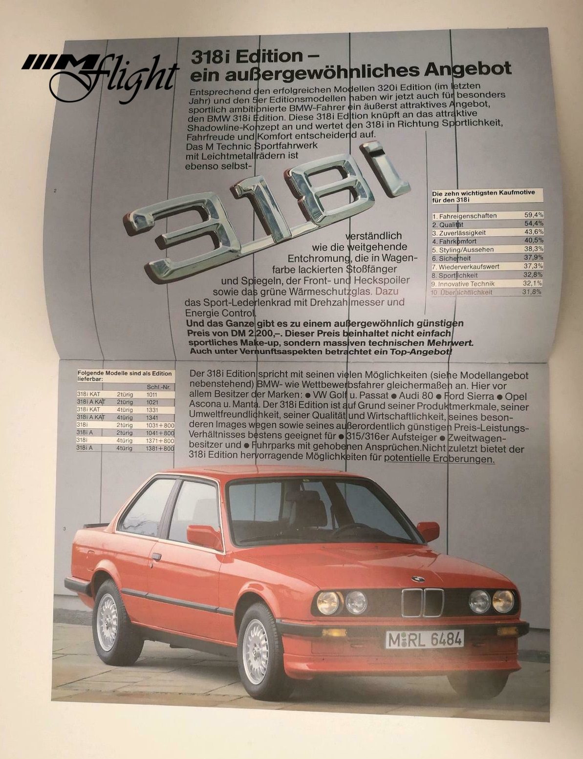 BMW E30 318i Edition Prospekt Mitteilung an Händler nur für Internen Gebrauch 